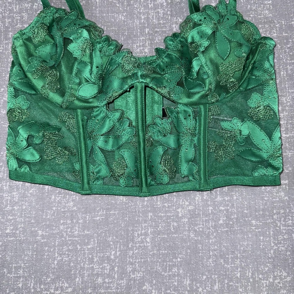 Victorias Secret Very Sexy Bustier Womens 32B XS Green Lace Floral Boned Sheer - Picture 3 of 11